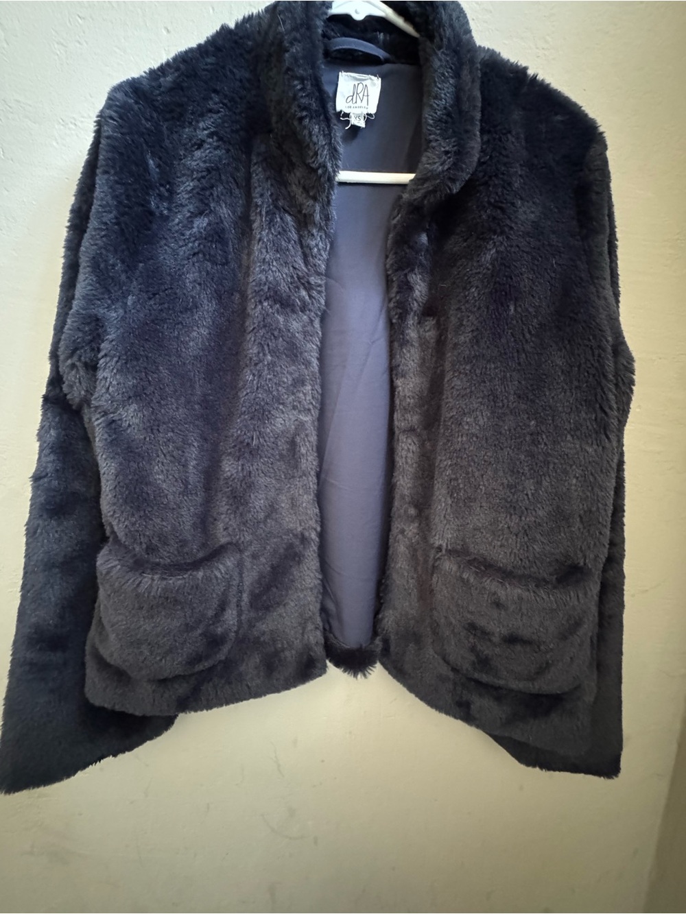 Women's Faux Fur Open Front Jacket with clasp buttons in Navy Blue